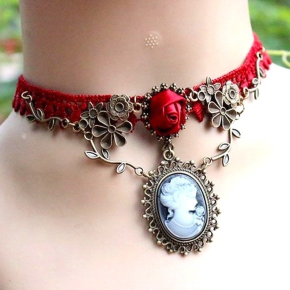 Baroque Vintage Jewelry - Red Lace & Rose with Cameo Gothic Lolita Choker